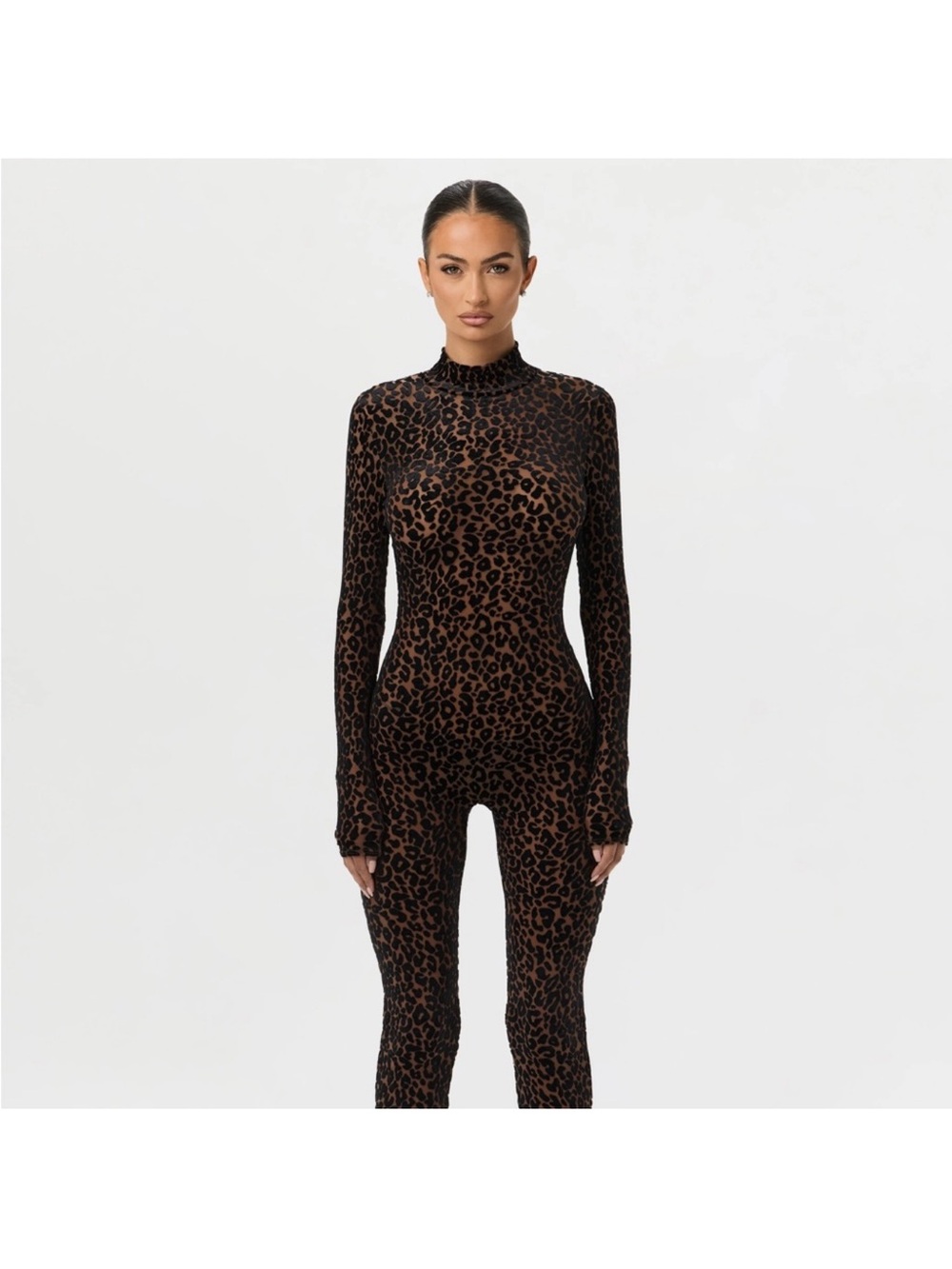 Leopard Print Mock Neck Long-Sleeve Jumpsuit Naked Wardrobe